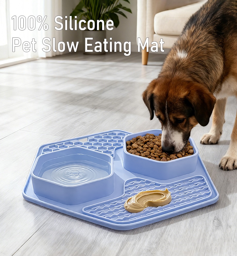 Tapete de silicone para alimentação de cães, que ajuda a diminuir a velocidade com que os cães comem.